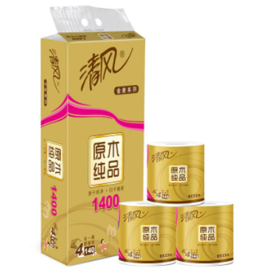 清风（APP）卷纸 原木纯品金装系列 4层加厚140克卫生纸巾10卷（母婴可用，柔软强韧 新老包装交替发货）